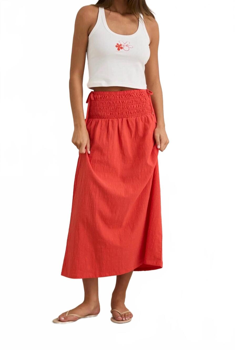 NEW RHYTHM. alana tie side maxi skirt in red